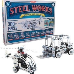Schylling Steel Works Mechanical Multi-Model - Steel Building Set - Includes 300 Pieces. Tools. and Instructions to Make 10 Different Models - Ages 8 and Up
